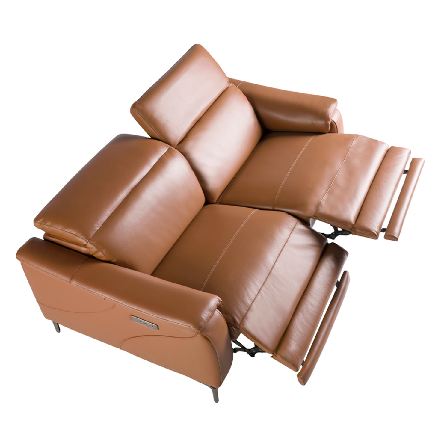 Sofá relax de 3 plazas tapizado en piel de origen vacuno en marrón con reposacabezas para patas de acero inoxidable cromado oscuro 2 sistemas de relax eléctrico 188x108x77cm