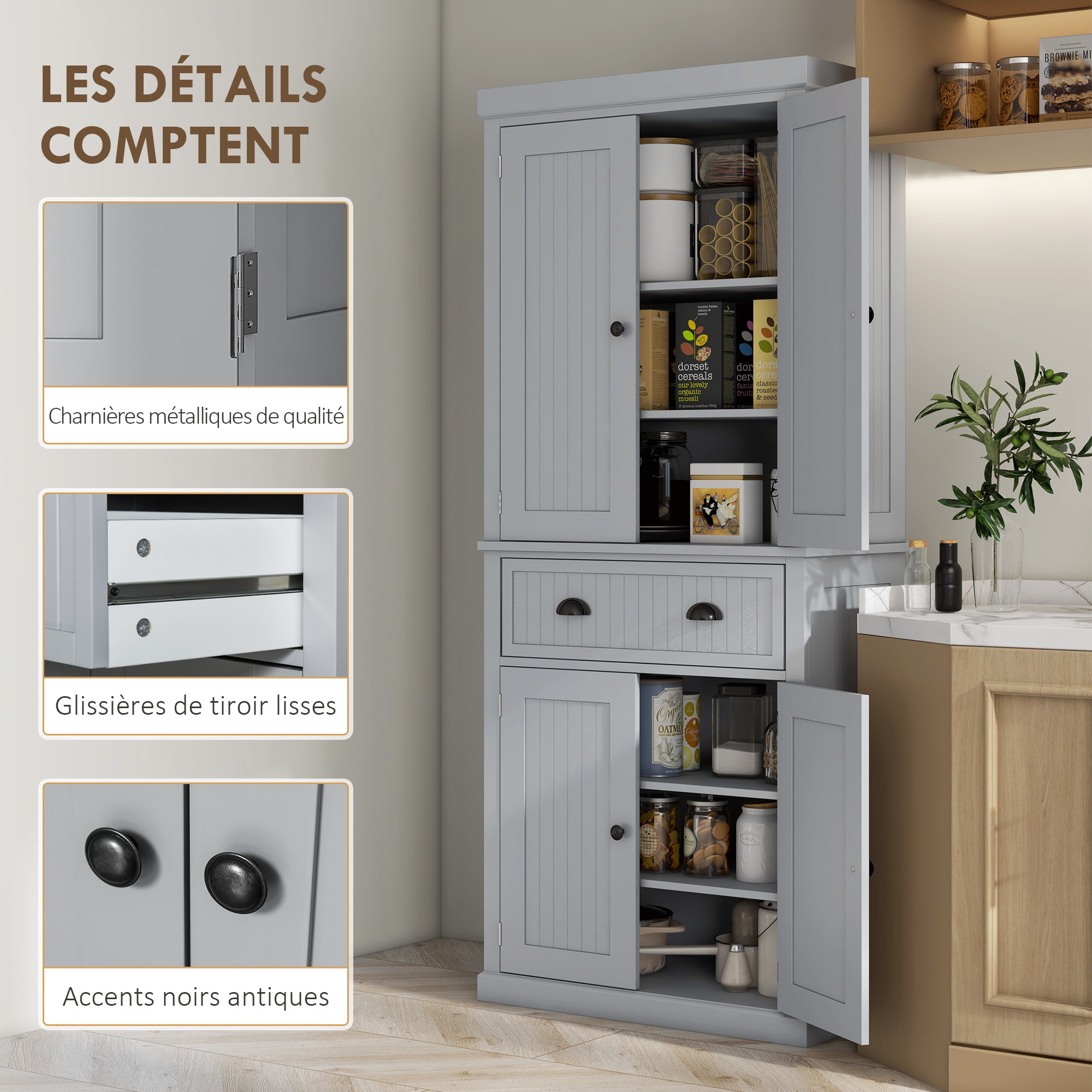 Buffet haut multi-rangement - 4 portes, grand tiroir - dim. 76L x 40l x 183H cm - gris