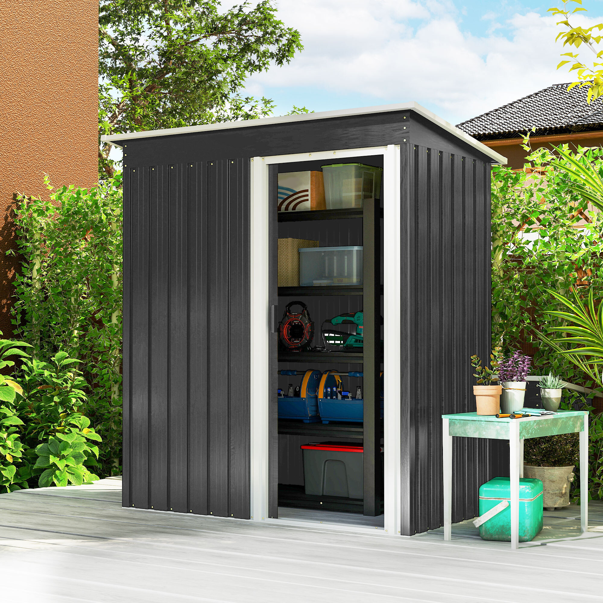 Abri de jardin - remise pour outils - cabanon porte coulissante - dim. 163L x 89l x 182H cm - tôle d'acier noir blanc