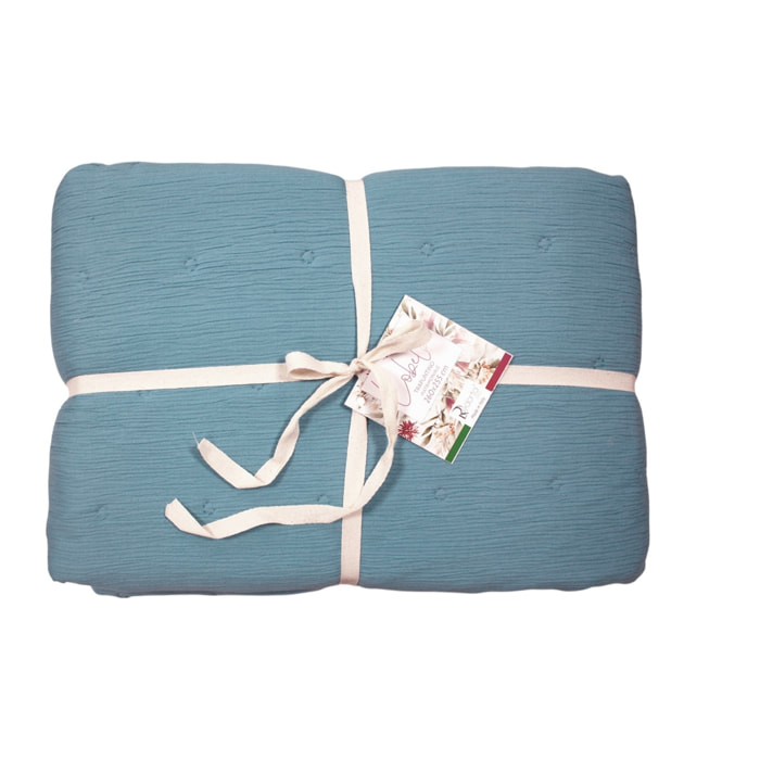 COPRILETTO LETTO MATRIMONIALE AZZURRO MEZZA STAGIONE TINTA UNITA EFFETTO STROPICCIATO