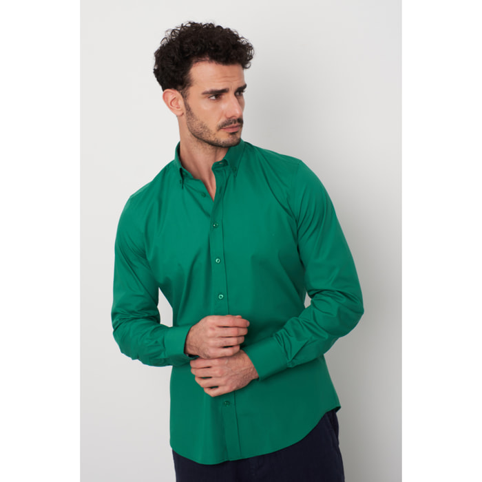 camicia uomo 1 bottone button down slim Popeline Stretch Unito Verde Foglia