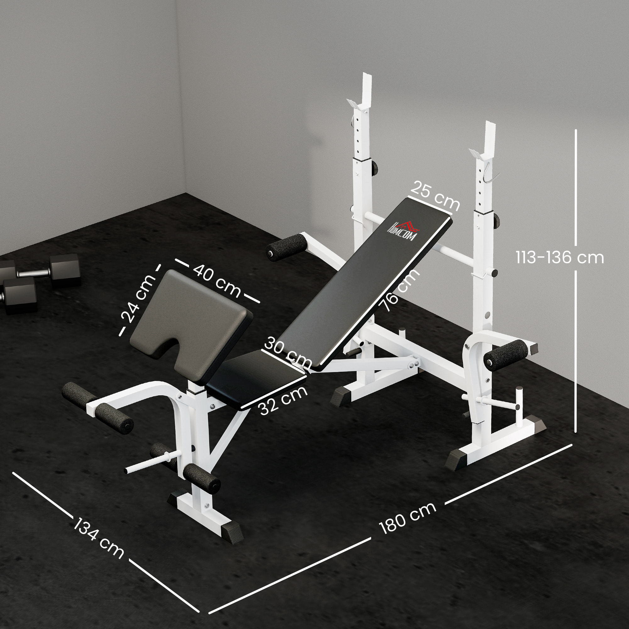 Banco de Musculación Multifuncional Inclinable, Banco de Pesas, Press Banca con Soporte para Barra Ajustable, Extensión de Piernas, Curl de Predicador, Mariposa, Entrenamiento en Casa, Gimnasio