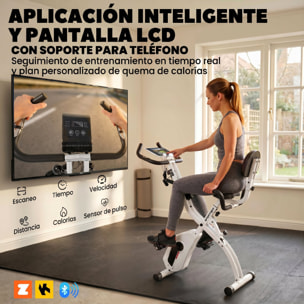 Bicicleta Estática Plegable 4 en 1 con Respaldo y 8 Niveles Resistencia Magnética Bicicleta Estática Casa Ajustable con Bluetooth Monitor LCD Volante Bandas Sensor Pulso Soporte Móvil Blanco