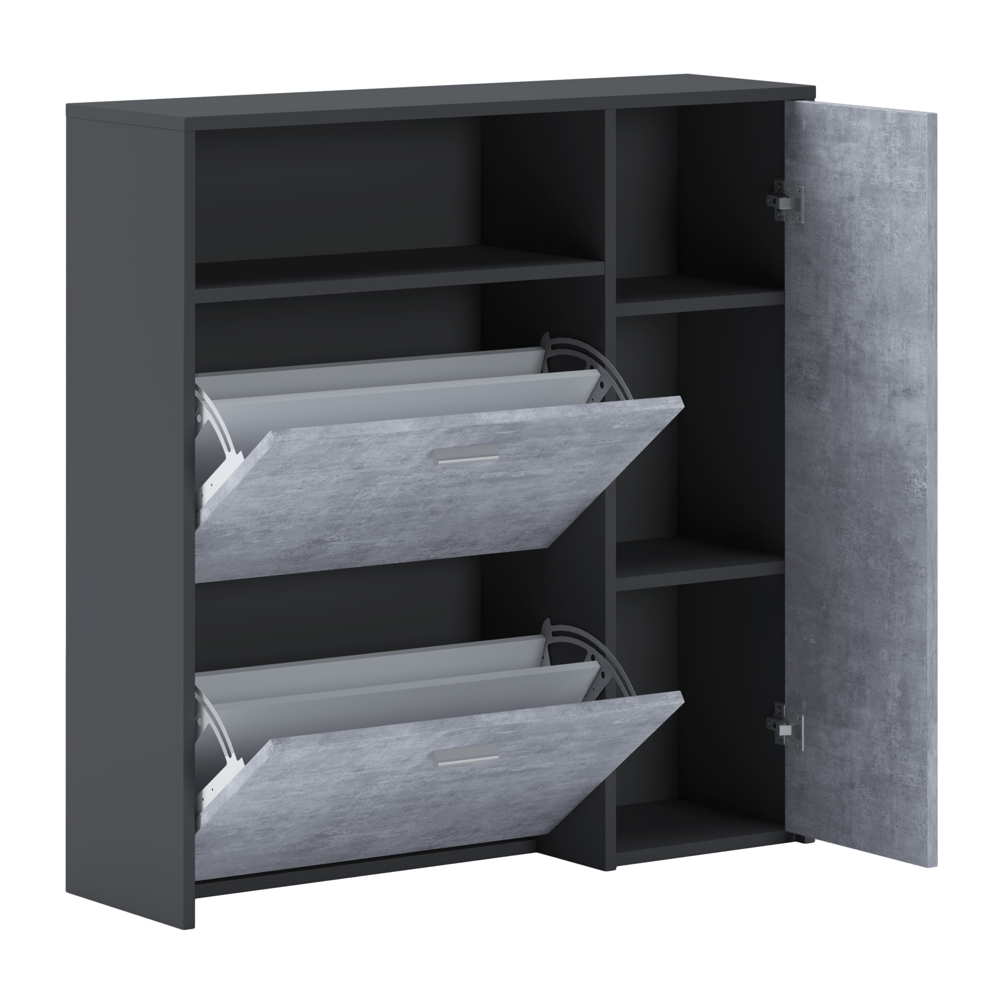 Scarpiera Mobile Portascarpe Salvaspazio Ingresso Con 2 Ribalte Doppia Profondità 4 Vani A Giorno Design Moderno 91.5x94x26.6 Cm Grigio E Cemento