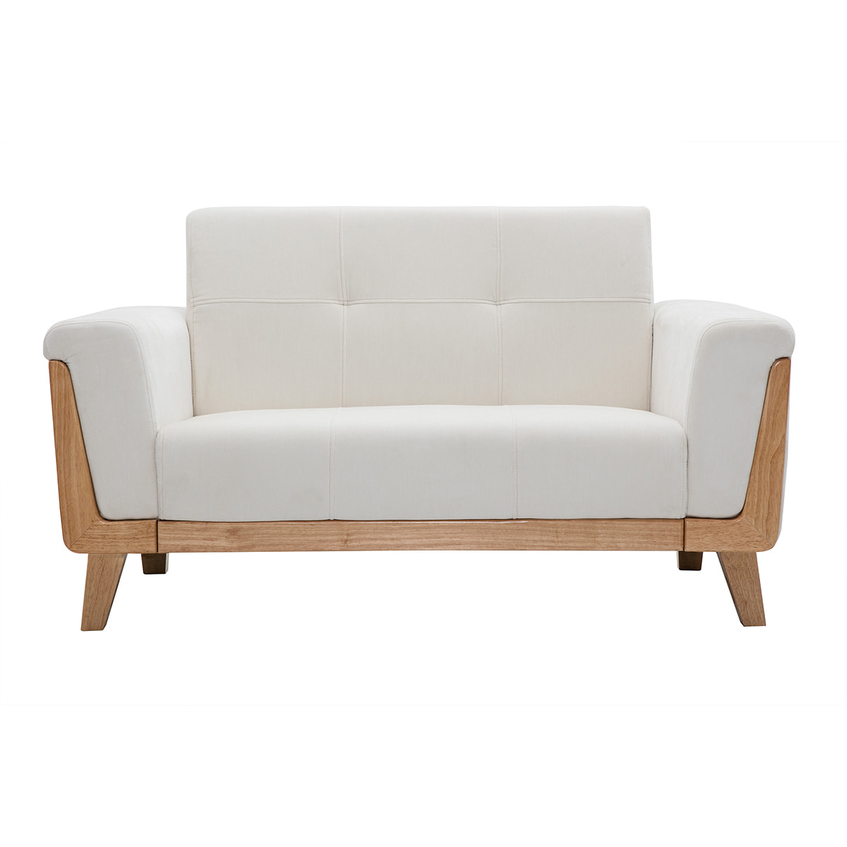Canapé scandinave 2 places en tissu effet velours blanc cassé et bois clair FJORD