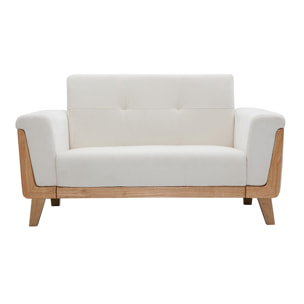 Canapé scandinave 2 places en tissu effet velours blanc cassé et bois clair FJORD