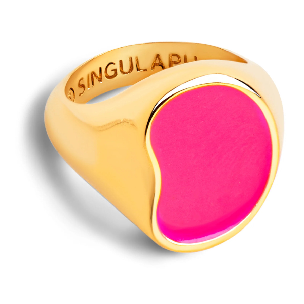 Anillo Signet Bean Neon Pink Enamel Baño Oro