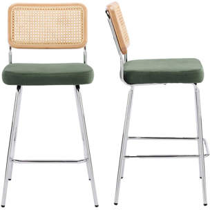 Lot de 2 chaises de bar en cannage et velours côtelé, piètement chromé - MUSE