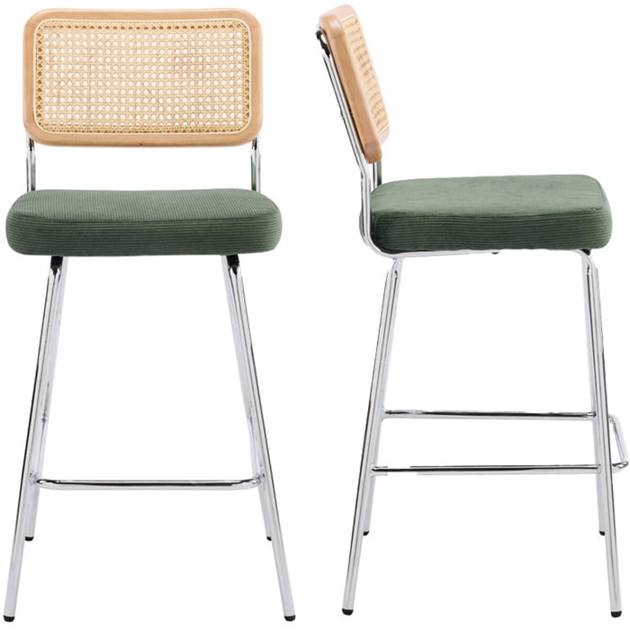 Lot de 2 chaises de bar en cannage et velours côtelé, piètement chromé - MUSE