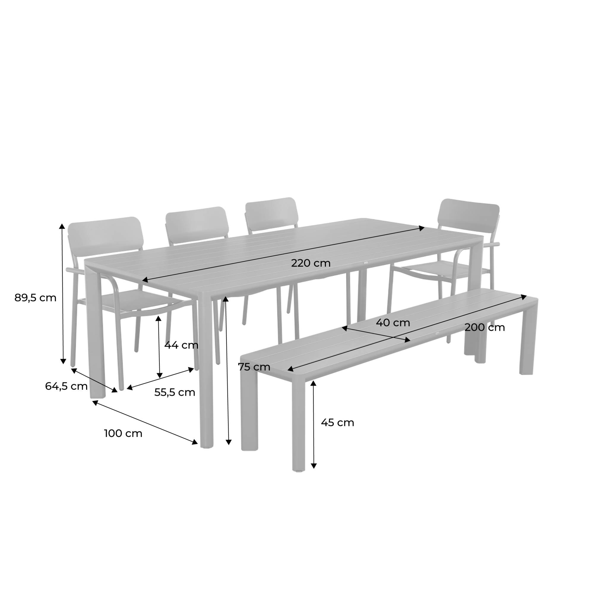 Table de jardin aluminium + 4 assises + 1 banc SAVANNAH + SACRAMENTO + MADISON