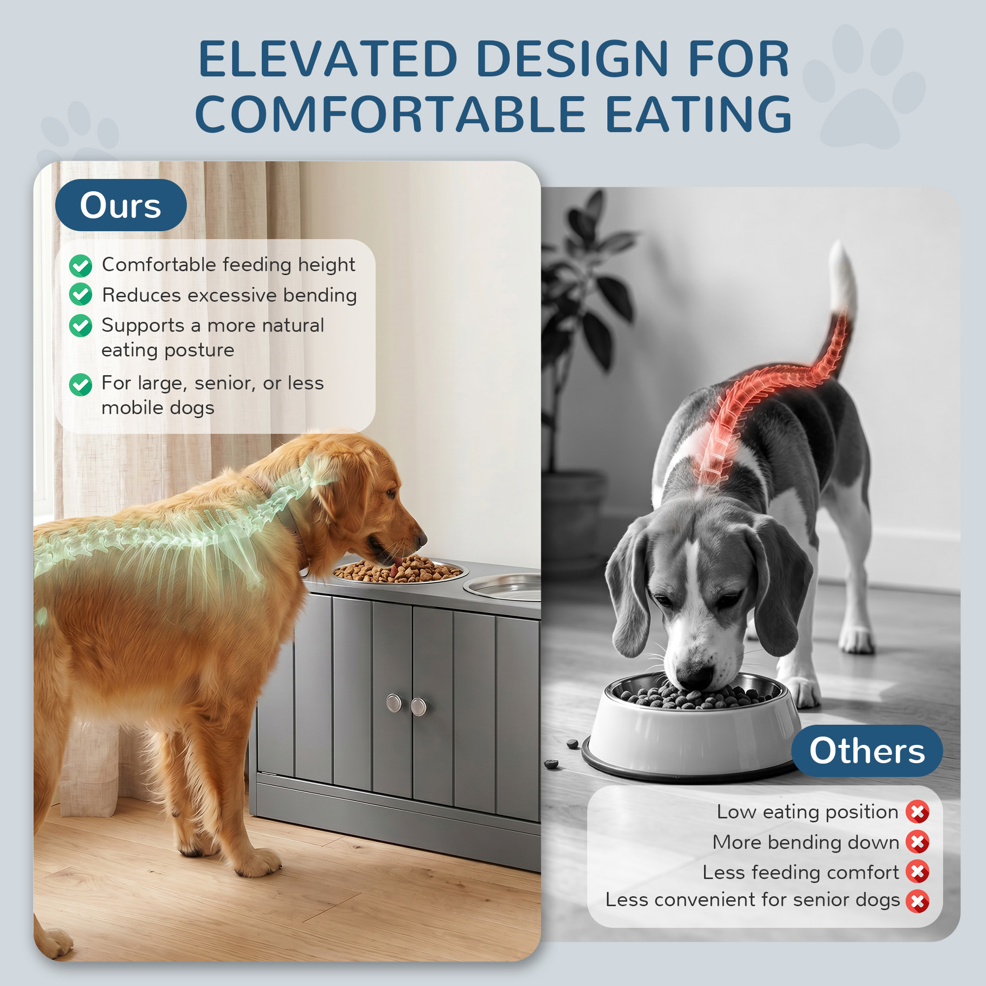 Comedero Perro Elevado con 2 Cuencos de Acero Inoxidable 2x2000 ml Comedero Elevado para Perros Grandes con 2 Puertas y Almacenamiento Oculto Gris