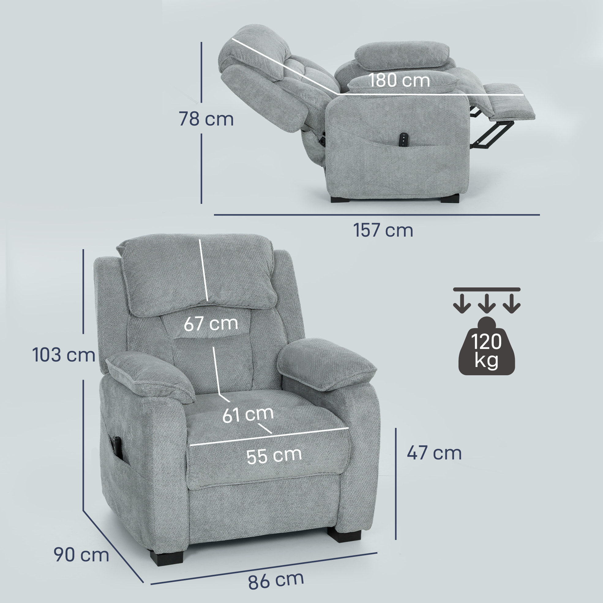 Sillón Relax Reclinable Eléctrico con Motor Silencioso, Sillón Reclinable de Terciopelo con Mando con 2 Posiciones de Memoria, Reposapiés, Reposacabezas, Puerto USB, Bolsillos, Gris Claro