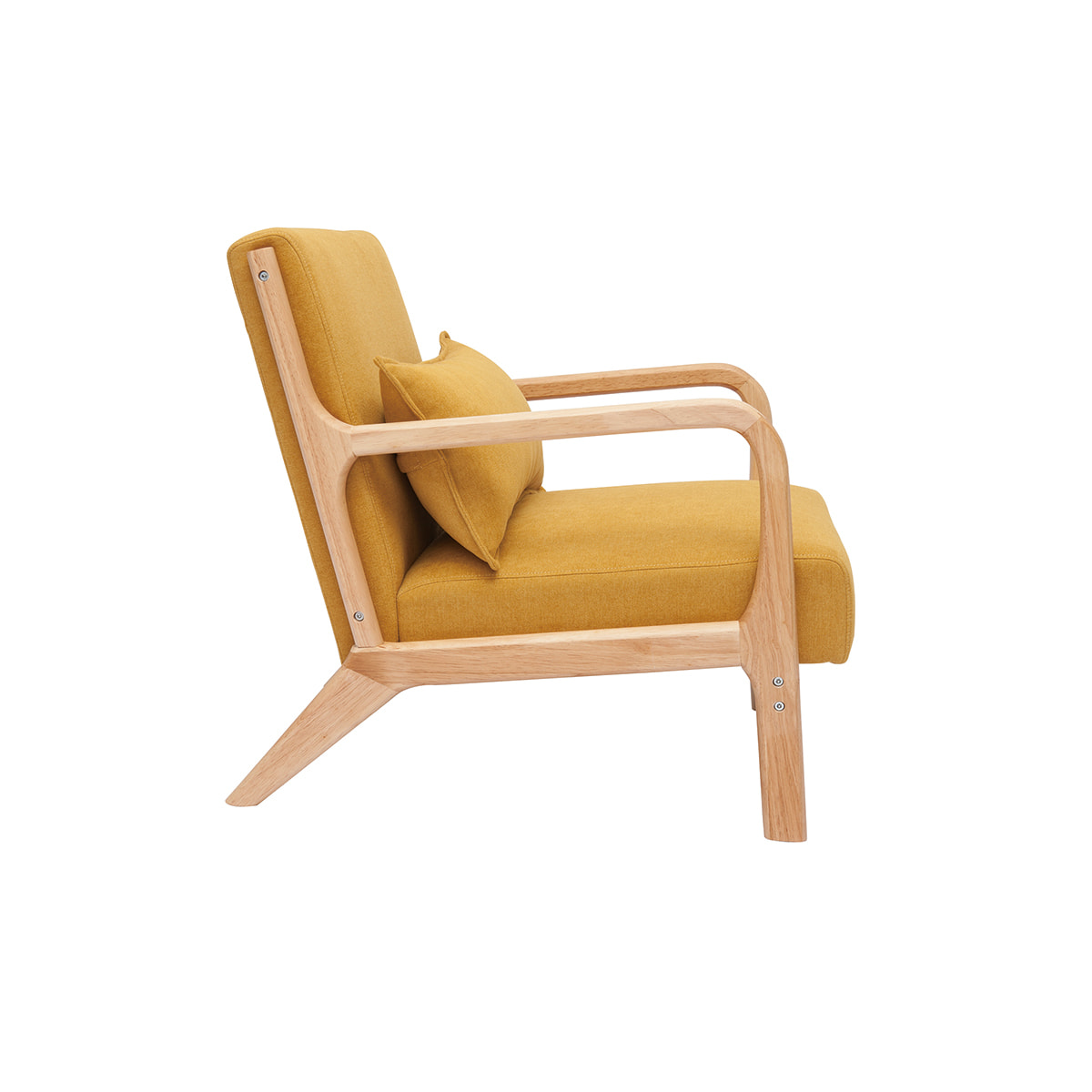 Fauteuil scandinave en tissu effet velours jaune moutarde et bois clair massif DERRY