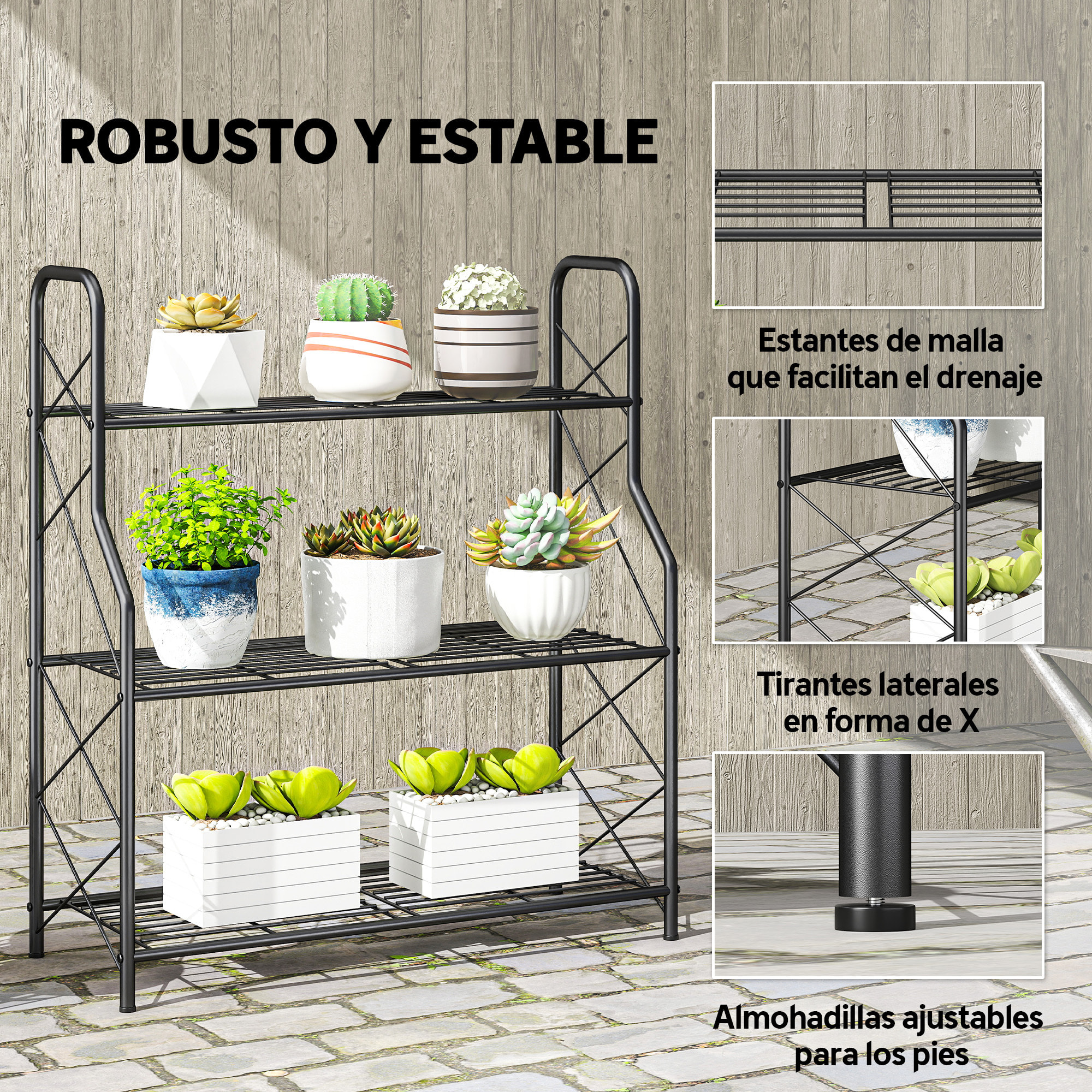 Soporte para Plantas de 3 Niveles para Interior y Exterior, Estantería para Plantas de Metal con Patas Ajustables y Asas, Resistente y Estable, para Macetas, Patio, Jardín, Balcón, Negro