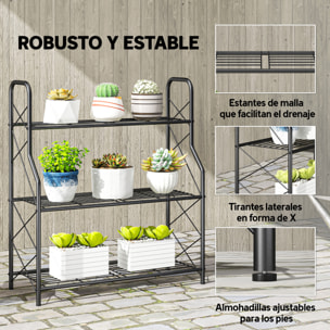 Soporte para Plantas de 3 Niveles para Interior y Exterior, Estantería para Plantas de Metal con Patas Ajustables y Asas, Resistente y Estable, para Macetas, Patio, Jardín, Balcón, Negro