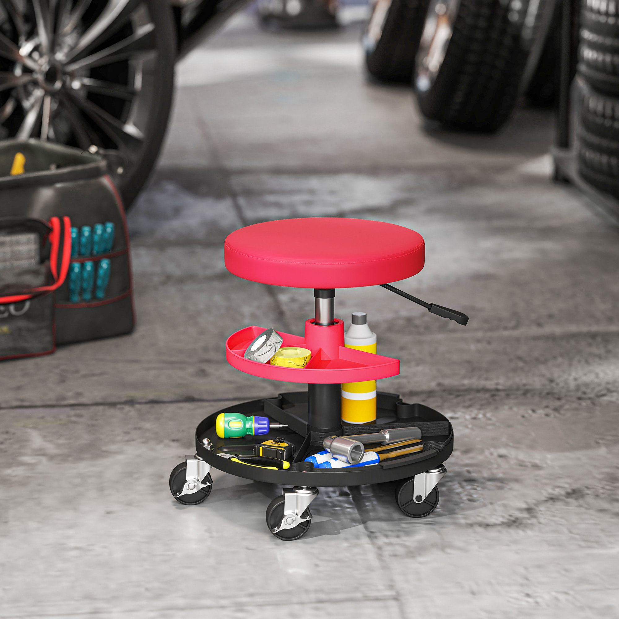Taburete de Taller Giratorio con Ruedas Altura Ajustable de 40-51 cm Asiento Taburete para Mecánico con 2 Bandejas para Herramientas Carga 135 kg para Garaje Reparación de Automóviles Rojo