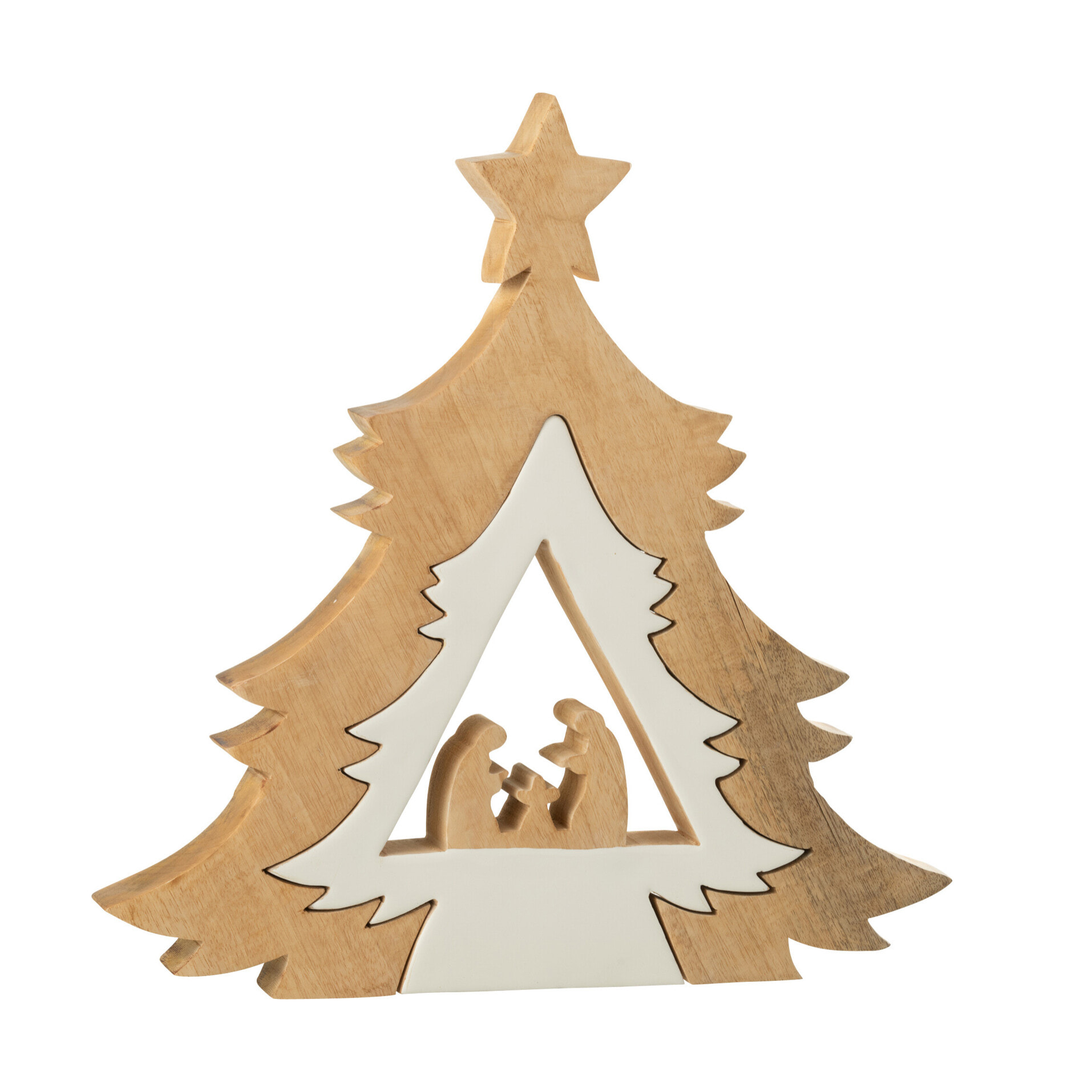 J-Line décoration Crèche Dans Arbre + Etoile - bois - blanc/naturel