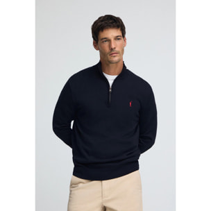 Maglione blu navy in cotone con mezza cerniera e ricamo Rigby Go