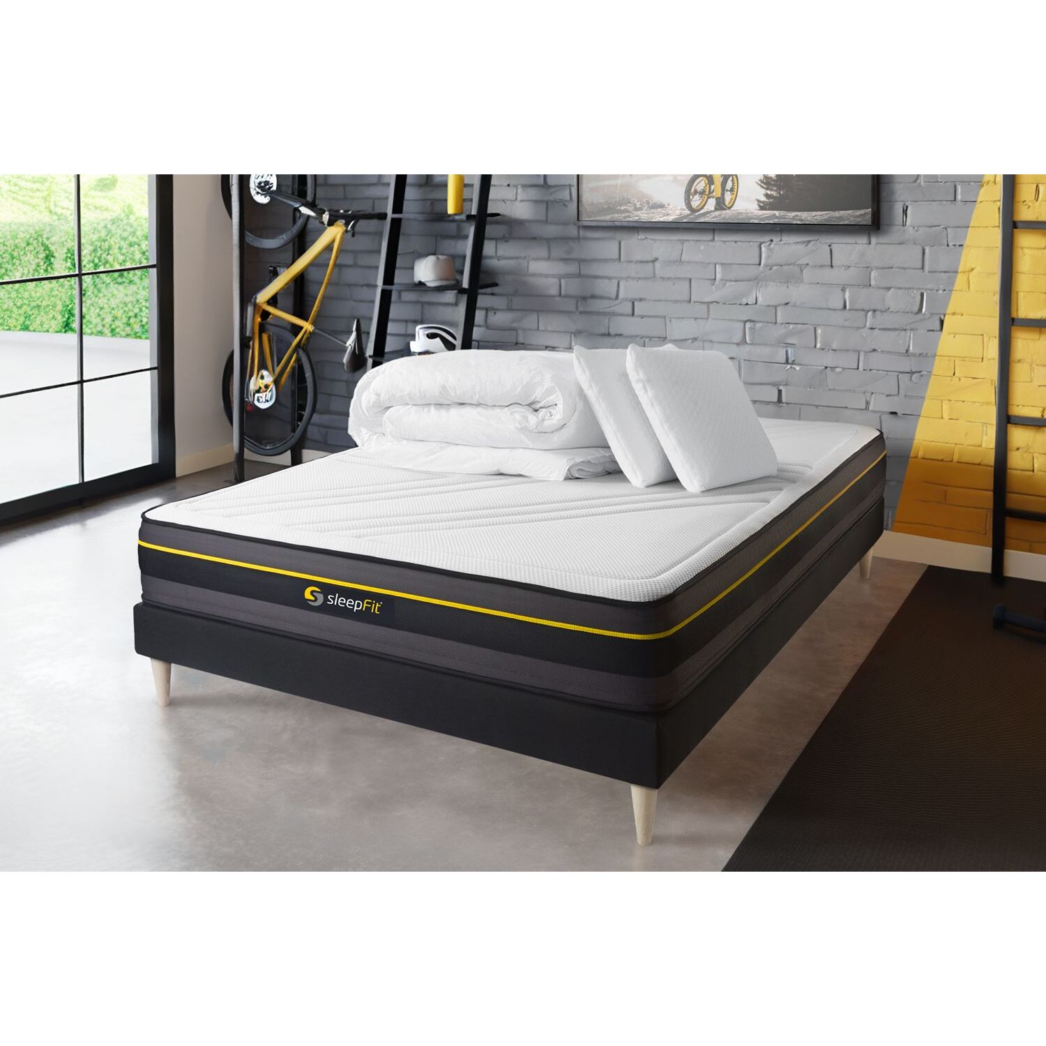 Pack cama completa - Colchón Espuma viscoelástica - Kit de base de cama - Negro - Active con 2 almohadas y 1 edredón