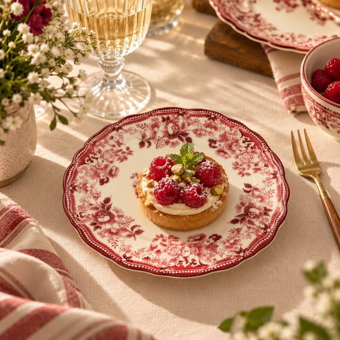 Lot de 6 assiettes à dessert 20cm fleuries en grès rose  FAUSTINE