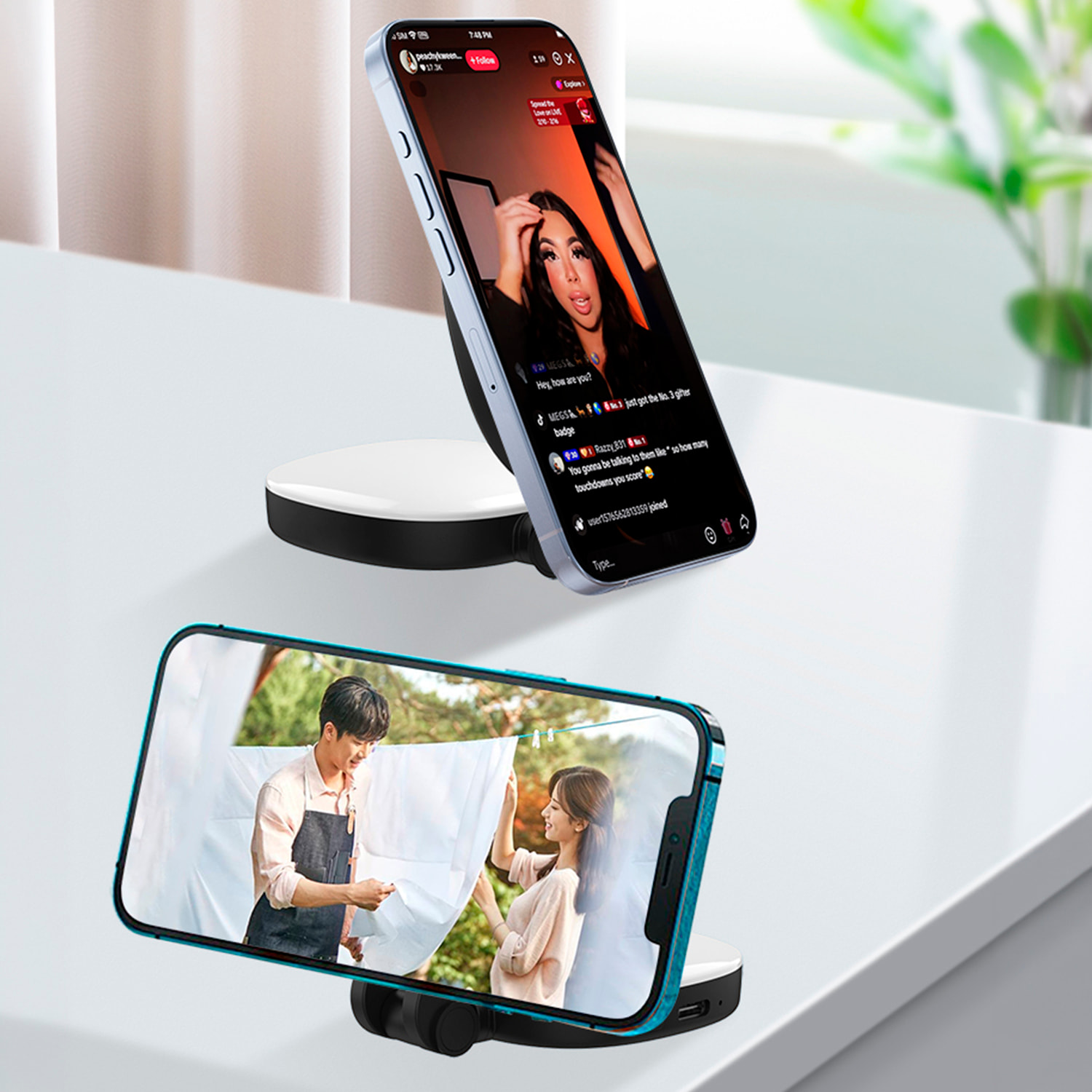 Lámpara de iluminación suplementaria para selfies con espejo, 3 tipos de luz, regulación de brillo y batería recargable.