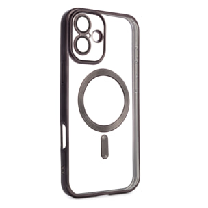 Carcasa transparente con cámara cubierta, bordes negros, antichoque y antihuellas. Magsafe para iPhone 16 Plus.