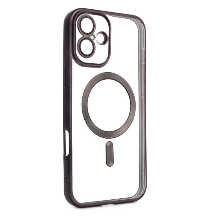 Carcasa transparente con cámara cubierta, bordes negros, antichoque y antihuellas. Magsafe para iPhone 16 Plus.