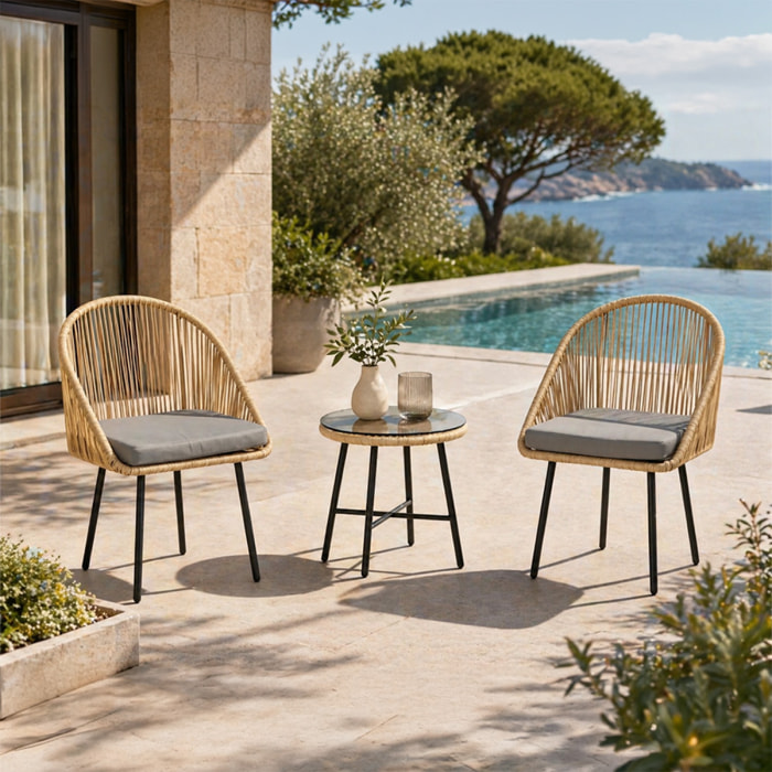 Ensemble de jardin 2 fauteuils et table basse effet rotin naturel PAULO