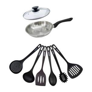 Set poêle en inox, couvercle verre et 6 ustensiles RPET Fackelmann Geneva