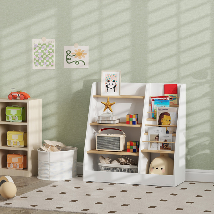 Bibliothèque enfant style nordique - 7 étagères, 2 niches - MDF blanc bois de pin clair