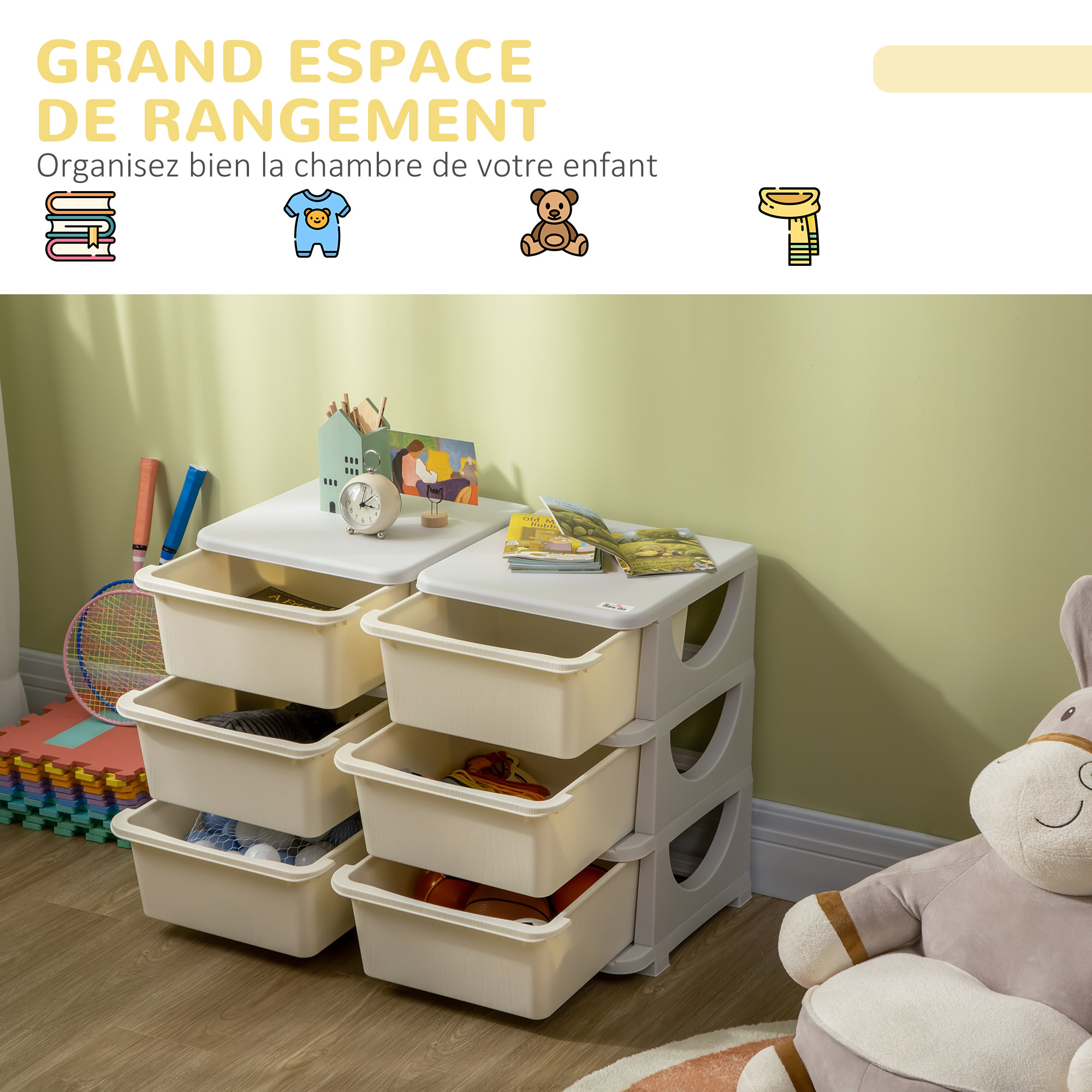Organisateur de jouets enfant 6 tiroirs 3 niveaux gris clair crème