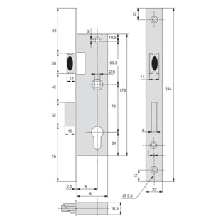 Coffre 1 point ASSA ABLOY - entraxe 70 Carré 8 Axe 30 - Têt.22x2.2 Coffre 45 - 1 tour de clé - 2460.45.0