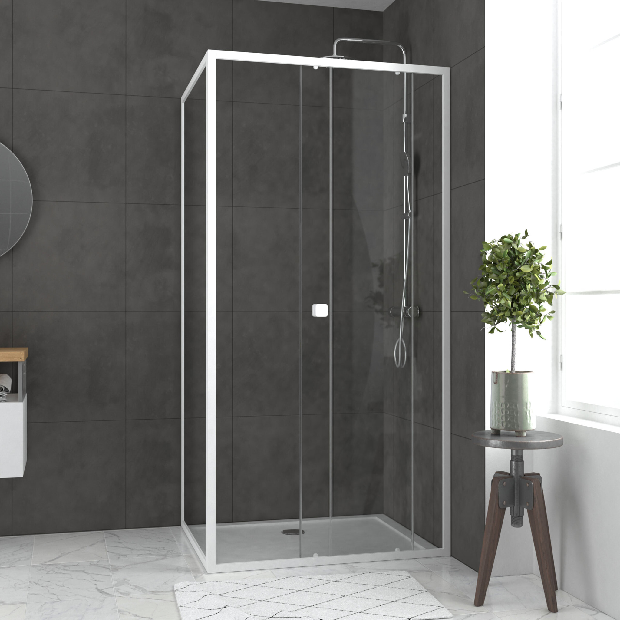 Pack porte de douche Coulissante blanc 100X185 cm + paroi de retour 80cm + receveur à poser - WHITY