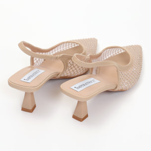 Dècolletè slingback con tacco a rocchetto in tessuto traforato con strass