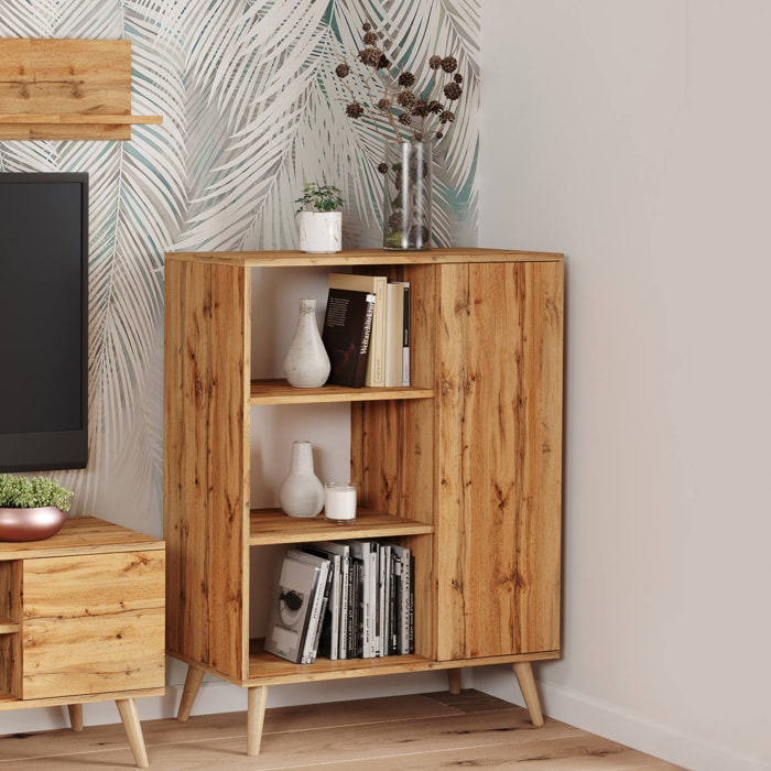 Credenza a 1 anta e 2 ripiani, Buffet con piedini, Madia da soggiorno in stile scandi, Libreria con scaffali, cm 40x90h116, colore Acero