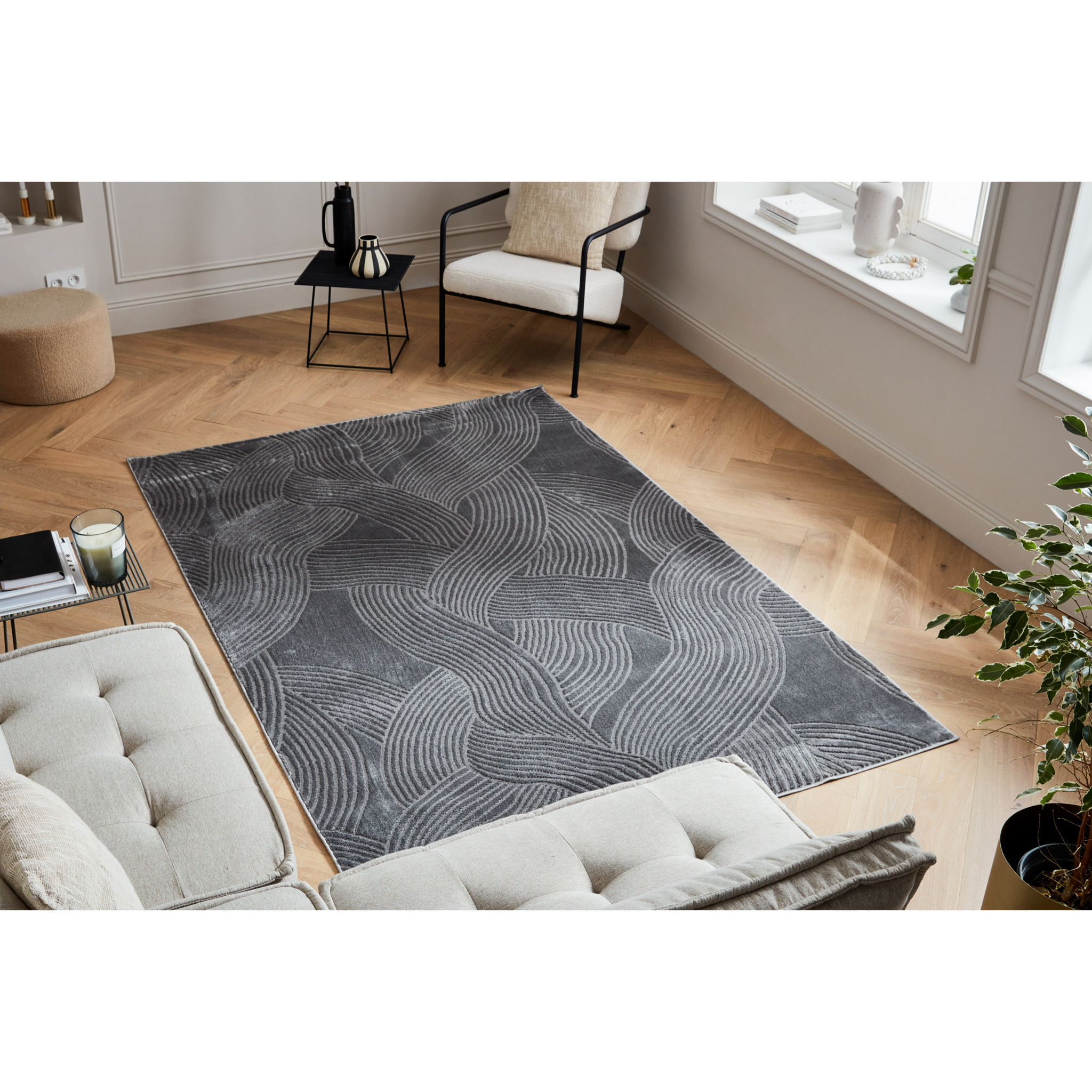 BLOOM - Tapis poils ras motif arc en ciel en relief - Gris