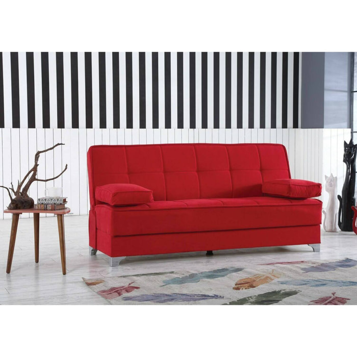 Divano letto Carlos, Divano letto contenitore lineare con 2 cuscini inclusi, Sofà da soggiorno in tessuto imbottito con apertura click-clack, 190x87xh91 cm, Rosso