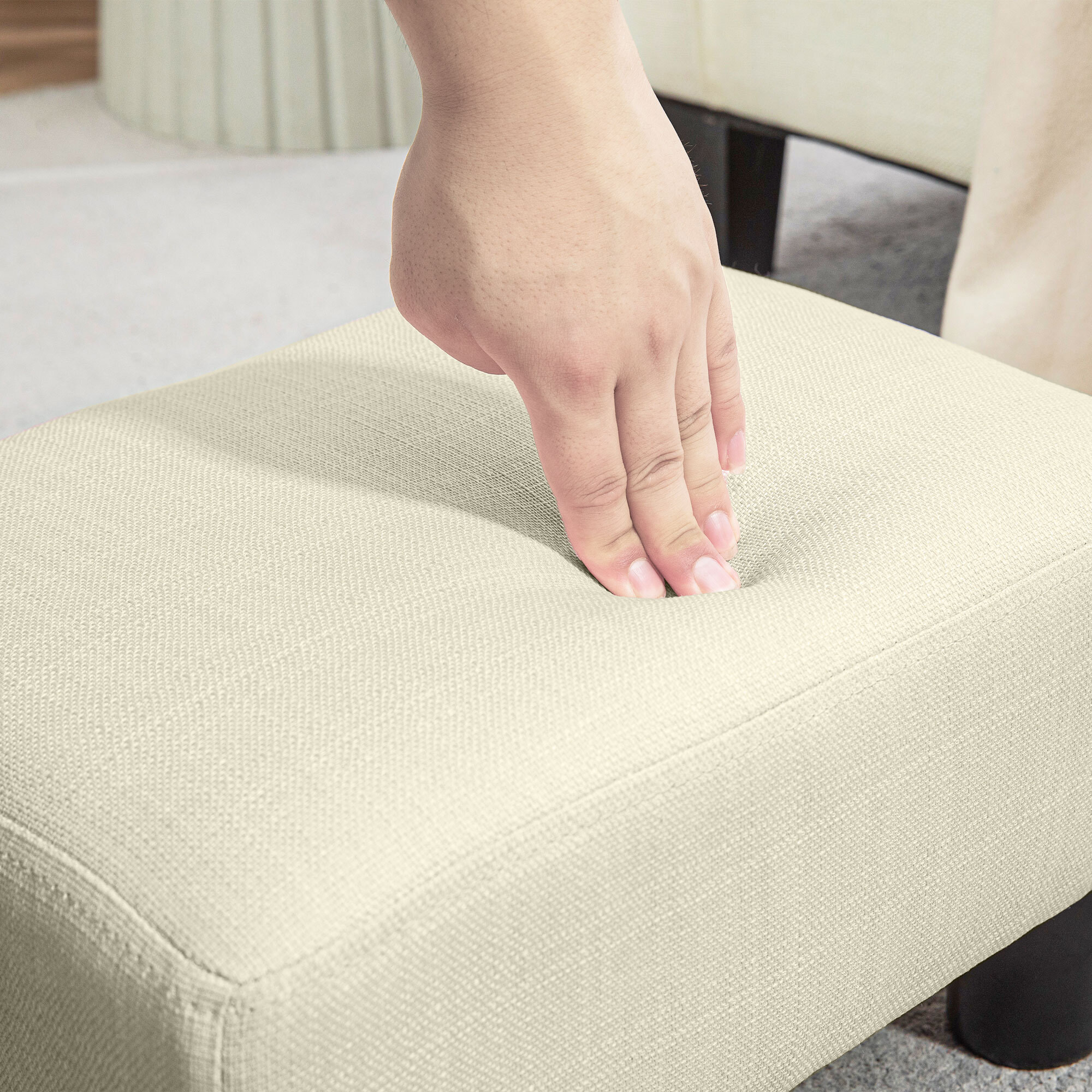 Reposapiés de Salón Taburete Bajo Tapizado en Lino Otomana Rectangular con Estructura de Madera para Sala de Estar Dormitorio Beige