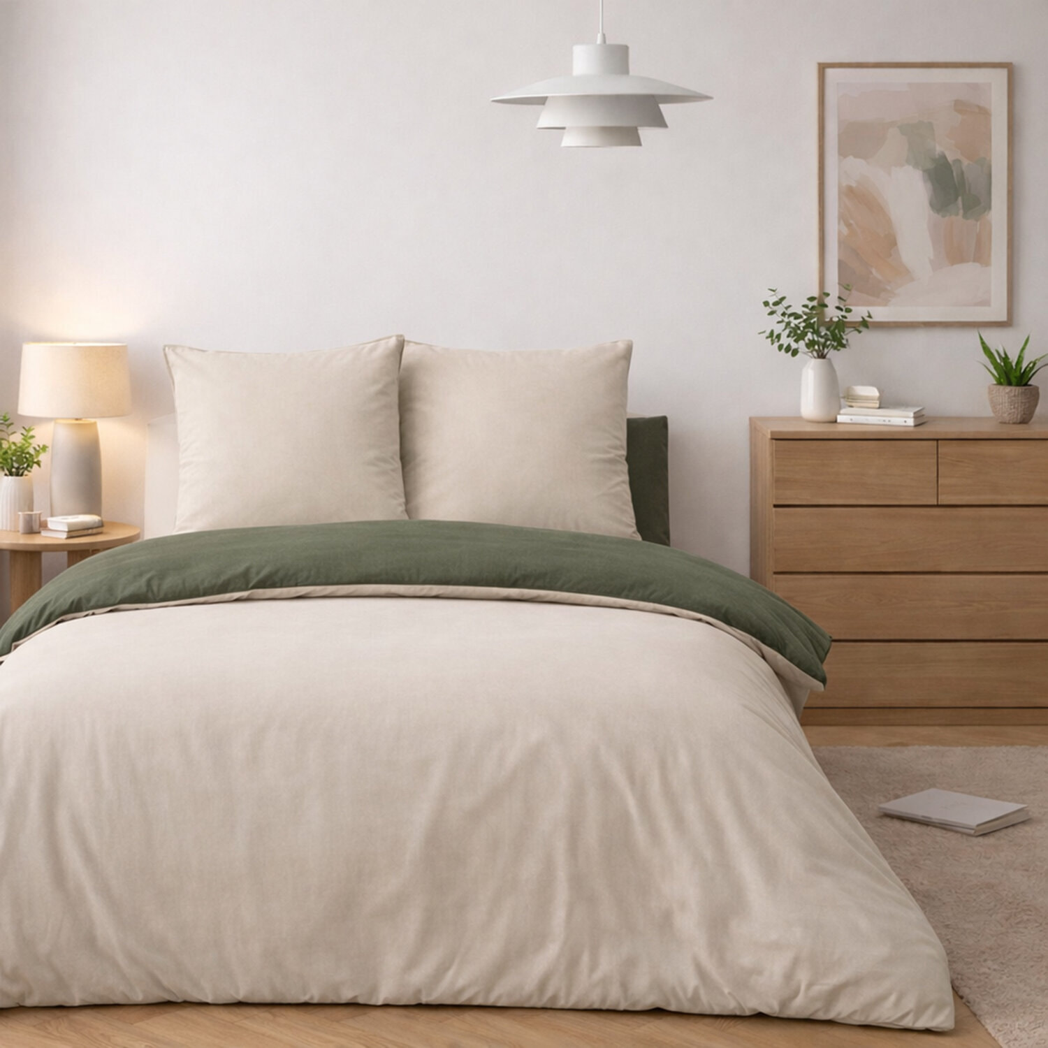 Parure housse de couette avec taie 100% coton lavé - Vicky Bicolore Gris Beige Kaki