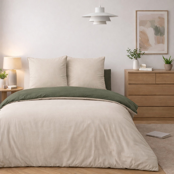 Parure housse de couette avec taie 100% coton lavé - Vicky Bicolore Gris Beige Kaki