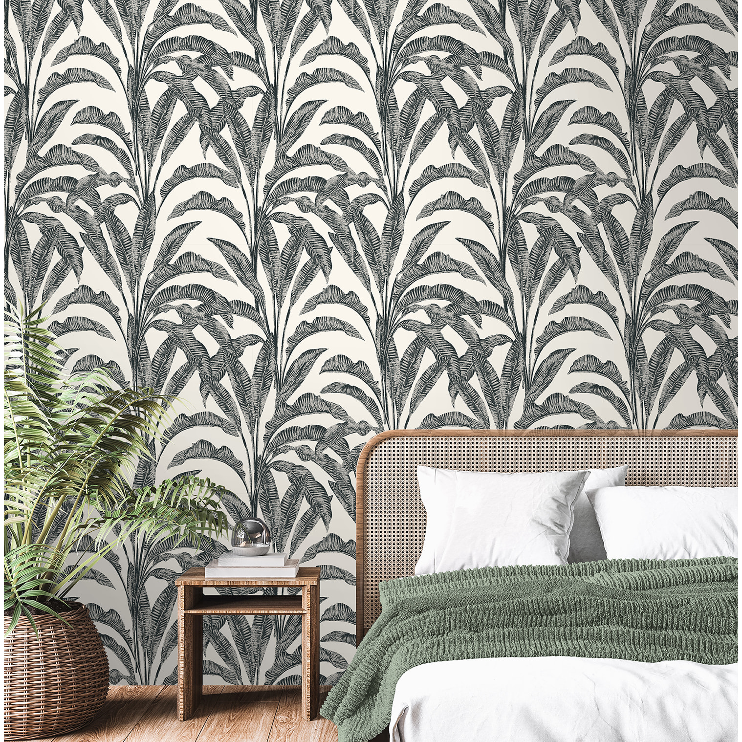 Papier peint feuilles bananier tropical noir blanc