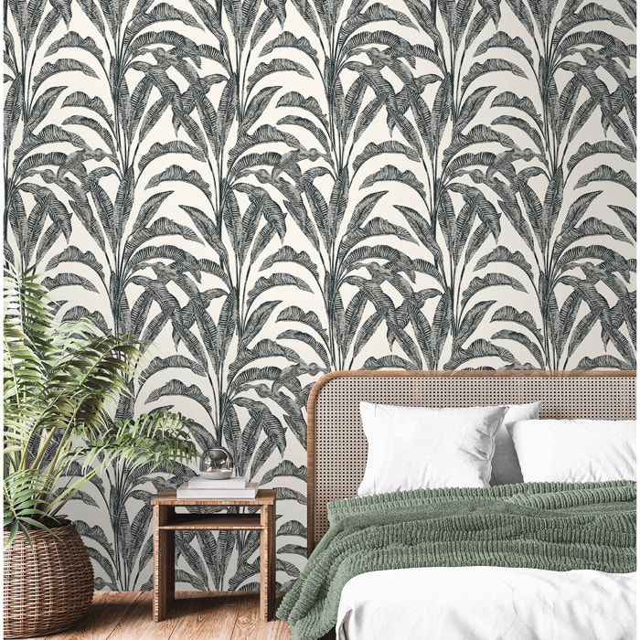 Papier peint feuilles bananier tropical noir blanc