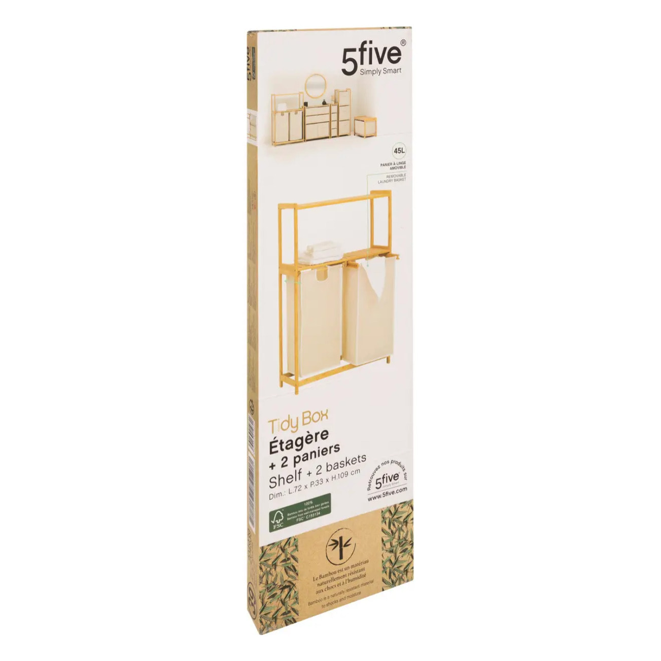 Étagère "Tidy Box" avec 2 sacs à linge en bambou marron 72x33cm