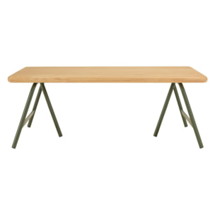 HELENA - Table basse plateau en pin et pieds tréteaux en métal vert