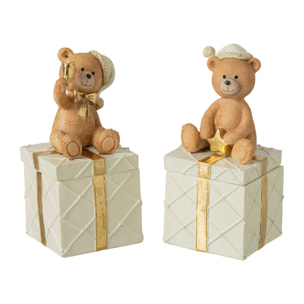 J-Line Ours cadeau - polyrésine - camel - assortiment de 2