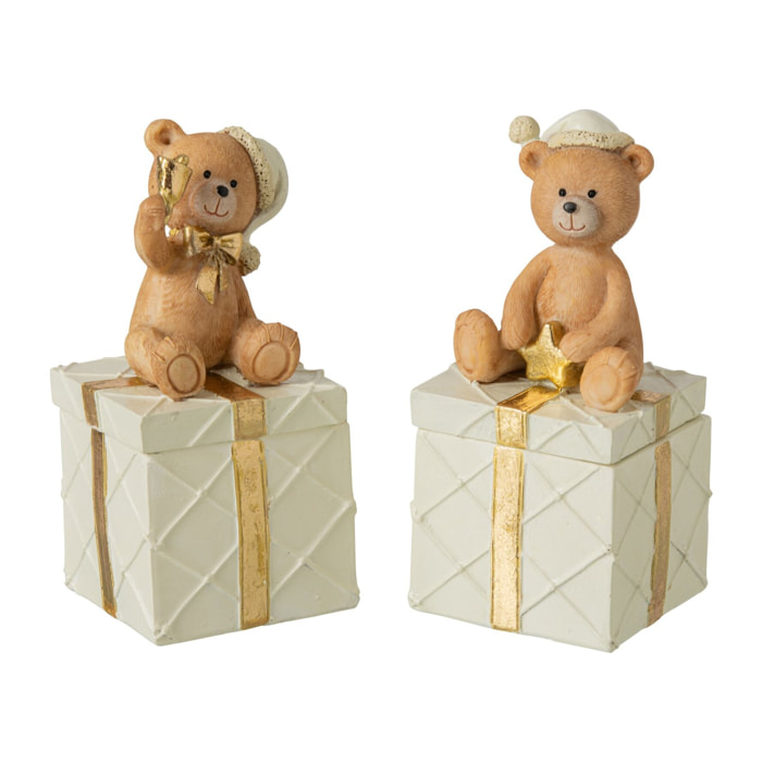 J-Line Ours cadeau - polyrésine - camel - assortiment de 2