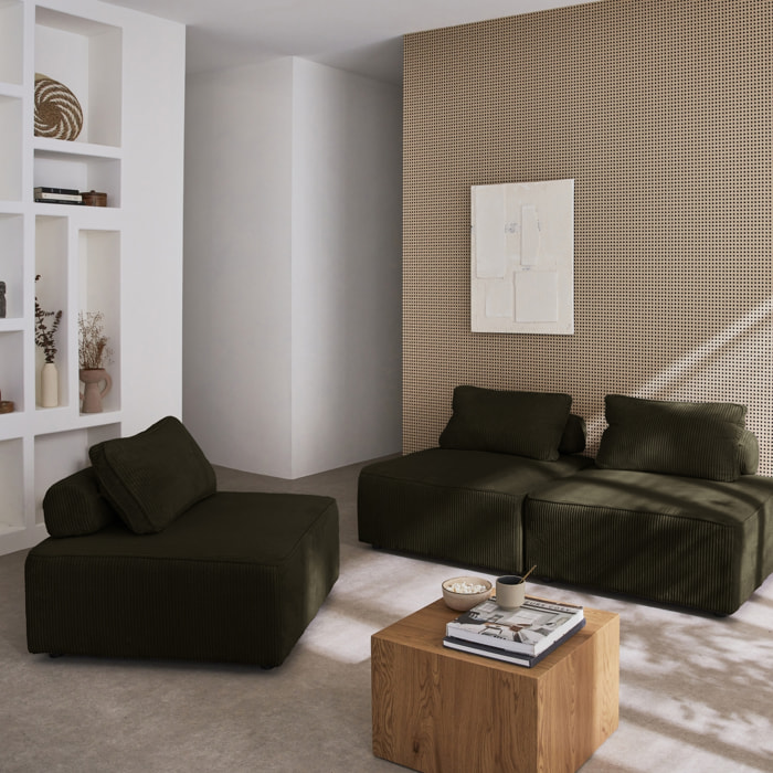 Lot de 3 chauffeuses pour canapé modulables velours côtelé vert foncé avec un coussin