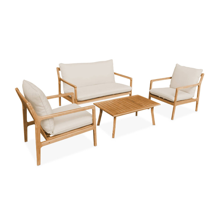 Salon de jardin en bois d'acacia 4 places beige. NALDA. coussins gansés et déhoussables