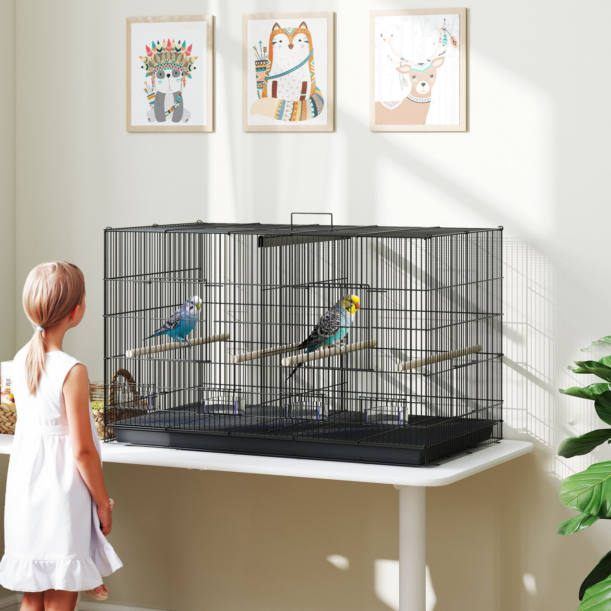 Jaula para Pájaros con Divisor Jaula para Mascota Aves Loros Canarios Pajarera con Comederos Perchas y Bandeja Extraíble 94x57x57 cm Negro