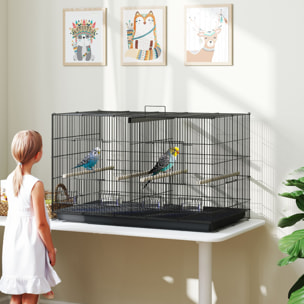 Jaula para Pájaros con Divisor Jaula para Mascota Aves Loros Canarios Pajarera con Comederos Perchas y Bandeja Extraíble 94x57x57 cm Negro
